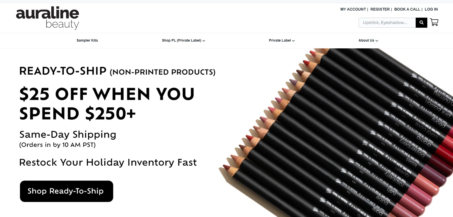 Auraline Beauty promotional image showing $25 off on $250+ spend with ready-to-ship non-printed products and colored pencils.